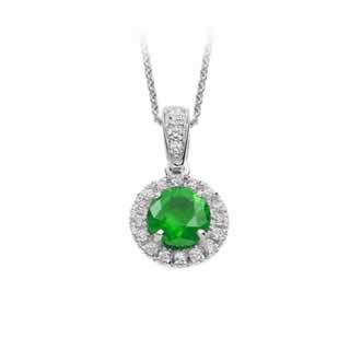 Emerald and Diamond Halo Pendant in 18K White Gold